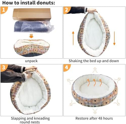 Circular Calming Dog & Cat Bed Anti-Anxiety Washable with Anti Slip Backing Donut Cuddler with Cute Jacquard Patterns for Cat and Small Puppy (Small-23in, Peking Opera)