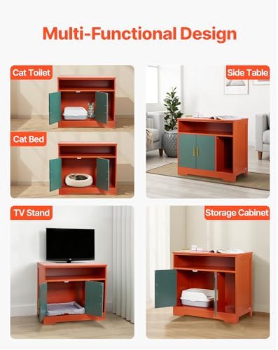 VEVOR Cat Litter Box Enclosure, 31 in Hidden Litter Box Cabinet with Shelf & Storage, Modern Style Indoor Cat Washroom, Wooden Kitty House Furniture End Table, Fit Most Litterboxes, Red & Green