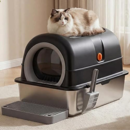 OLIXIS Stainless Steel Enclosed Litter Box with Lid, High Sided