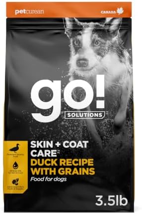 Go! Solutions Skin + Coat Care Duck Dry Dog Food with Grains, Chicken-Free, Healthy Kibble with Omega-3s & 6s for Soft, Shiny Fur, for Puppies, Adults, & Seniors, 3.5 lb Bag