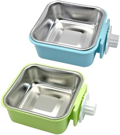 kathson Crate Dog Bowl, Removable Stainless Steel Hanging Pet Kennel Cage Bowl Food & Water Feeder Coop Cup for Puppy, Cat, Rabbit, Guinea Pigs 2pcs Small Square(Blue, Green)