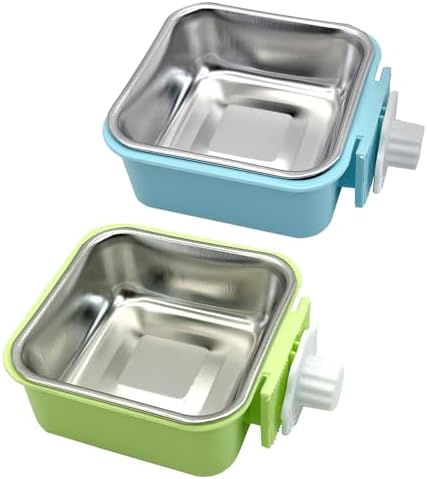kathson Crate Dog Bowl, Removable Stainless Steel Hanging Pet Kennel Cage Bowl Food & Water Feeder Coop Cup for Puppy, Cat, Rabbit, Guinea Pigs 2pcs Small Square(Blue, Green)