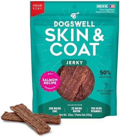 DOGSWELL Skin & Coat Jerky Dog Treats, Salmon, 10 oz. Pouch