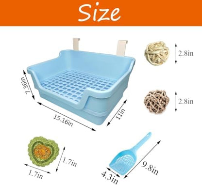 PINVNBY Large Rabbit Litter Box Deep Bunny Corner Toilet Box Double-Deck Small Animal Potty Trainer with Hooks for Adult Guinea Pig Chinchilla Ferret Chipmunk(Blue)