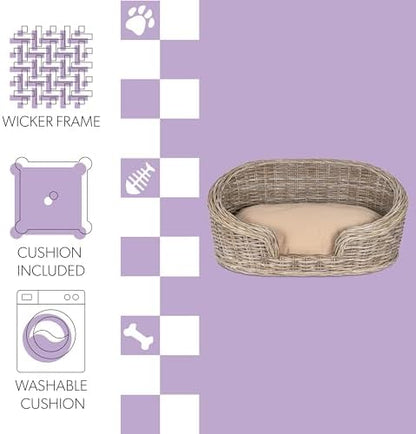 DBD1001A Curvy 33" x 21.25" Classic Handwoven Rattan Dog Bed with Machine-Washable Cushion, Kubu Gray