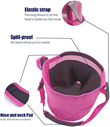 Horse Feed Bag for Grain - Heavy Duty Mesh Horse Feeder with Adjustable Strap,Comfort Neck Pad,Nose Pad Horse Muzzle Feed Bag(Medium,Pink)
