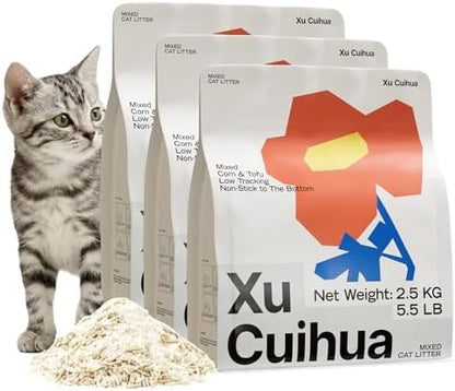 XuCuiHua Tofu Mix Cat Litter, Plant-Based, Strong Clumping Litter, Odor Control, Easy Scooping, Clumps Lift Cleanly, Low Dust, Corn & Cassava Litter, 5.5 LB x 3 Bags