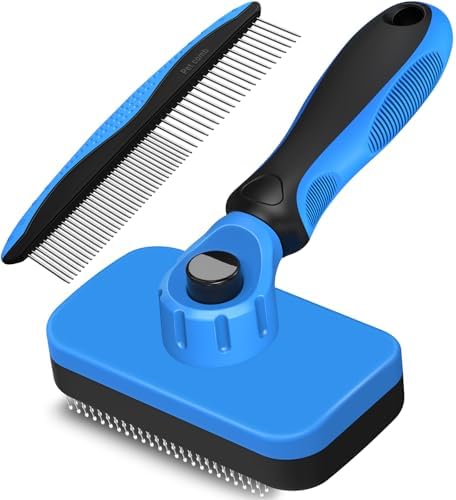 2PCS Self Cleaning Slicker Brush & Dog Comb - Skin Friendly Deshedding Grooming Tool for Dogs, Cats and Small Animals, Professional Deshedding Dematting Tool for Long and Short Haired Pets (Blue)