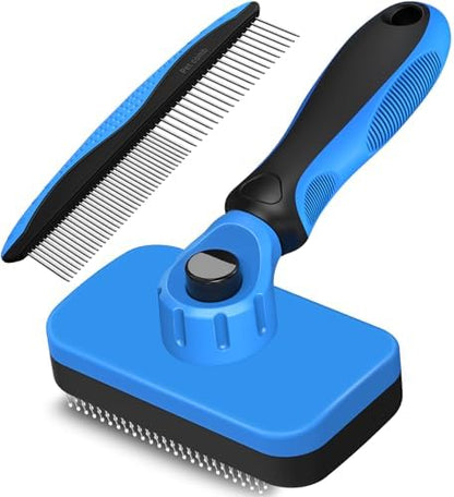 2PCS Self Cleaning Slicker Brush & Dog Comb - Skin Friendly Deshedding Grooming Tool for Dogs, Cats and Small Animals, Professional Deshedding Dematting Tool for Long and Short Haired Pets (Blue)
