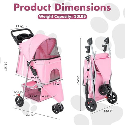 3 Wheels Pet Stroller,Storage Basket and Cup Holder, Breathable Mesh, Waterproof and Foldable for Small/Medium Dogs and Cats Strollers, Lightweight Travel Carrier for Daily Walks & Outdoor，Pink