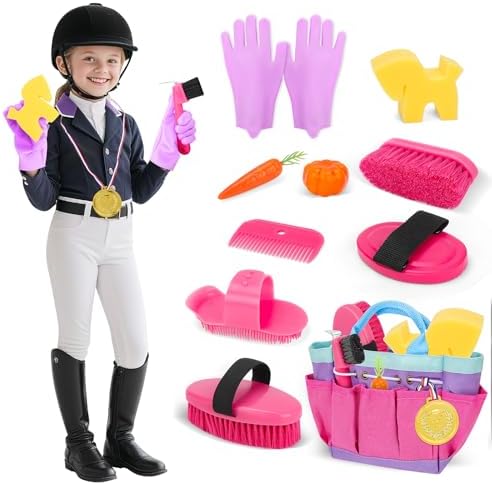 deAO Horse Grooming Brush Kit 12Pcs Horse Tack with Tote Bag,Care Tool,Pink