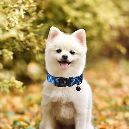 Autumn Cotton Dog Collar, Blue Plaid with Plastic Buckle, Adorable Pet Collar for Puppy, Cat or Dog