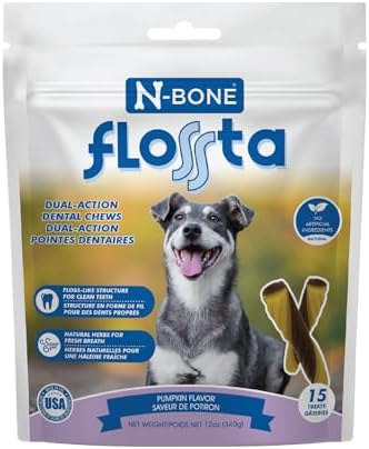 N-Bone FLOSSta Daily Dental Sticks for Dogs, SQF Certified, Natural Dog Dental Treats to Freshen Breath, Dental Chews for Dogs, Chicken Flavor, 15 ct. Pouch (12oz)