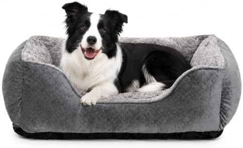 Dog Bed for Medium Large Dogs Washable, Super Soft Rectangle Dog Beds Medium Large Size, Warming Durable Pet Bed with Anti-Slip Bottom, Anti-Anxiety, Grey, 30 x 24 x 9inch