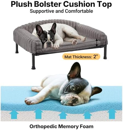 Veehoo Elevated Dog Bed with Bolster Cushion, Fluffy Plush Dog Couch Beds for Small Dogs, Cats, Washable Raised Pet Cot with Non-Slip Feet for Indoor or Patios Use, 36 x 28 Inches, Grey