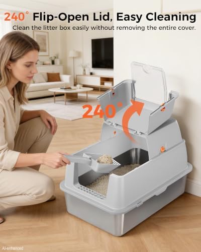 GTPLAYER XXL Stainless Steel Cat Litter Box with Lid, High Sided Enclosed Cat Litter Box, Activated Carbon Odor Control, Extra Large Metal Litter Box, Anti-Leak, with Mat & Scoop, Sliver