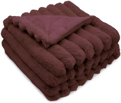 DEZ FURNISHINGS Luxury Reversible Textured Stripe Faux Fur & Velvet Throw Blanket, Throw XL (50" x 70"), Burgundy Red