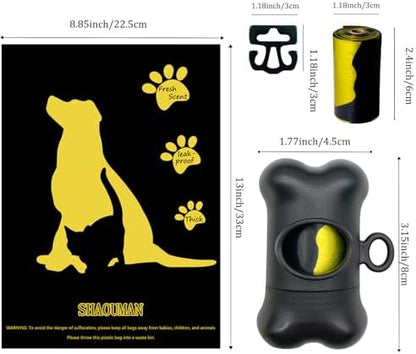 Bone-Shaped Dog Poop Bag Holder for Leash |Dispenser with 15 Leak-Resistant Waste Bags & Carabiner Clip（Black）