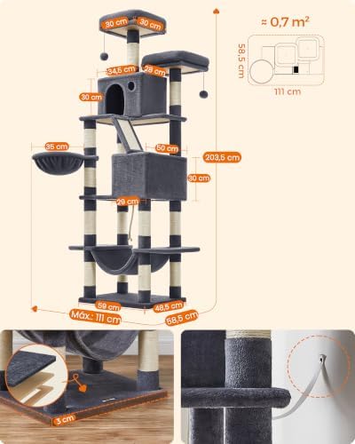 Feandrea Cat Tree, 81.1-Inch Large Cat Tower, Multi-Level Condo, Smoky Gray