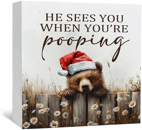 Christmas Bear Home Bathroom Decor Sign - Farmhouse Western Christmas Animal Bathroom Decor,Rustic Farm Animal He Sees You When You're Pooping Signs,Bear Gifts for Women