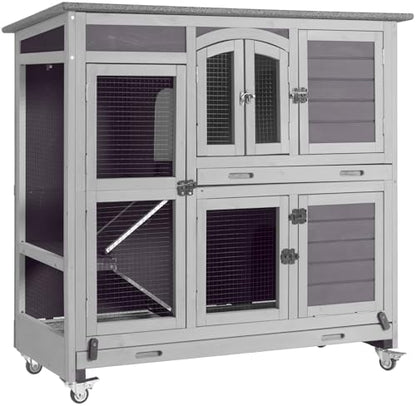 Aivituvin Two Story Rabbit Hutch Bunny Cage with Wheels, Indoor Outdoor Guinea Pig Cage with 2 Deep No Leak Tray