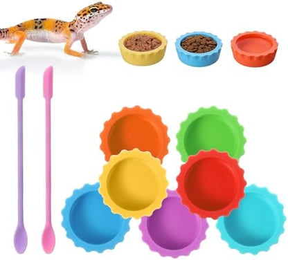 9Pcs Silicone Reptile Feeding Dish Set, Colorful Small Animal Bowls with 2 Silicone Spoon for Reptile Tanks, Practical Crested Gecko Tank Accessories for Small Pet