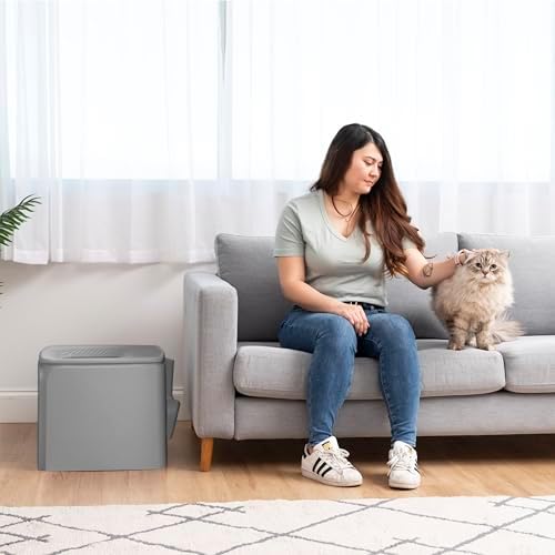 IRIS USA Cat Litter Box, Top Entry, Dog Proof, Covered, Scoop, Gray