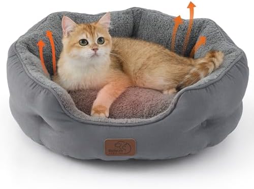 Bedsure Self Warming Cat Bed,Round Washable Small Dog Bed, 20In Grey