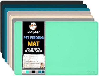 MateeyLife Dog & Cat Food Water Mat for Floors Waterproof, Nonslip Pets Bowl Feeding Mats with Raised Edges, Silicone Matt Tray for Messy Drinkers, 18"x12",MintGreen