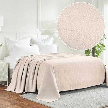 Superior Metro All-Season Cotton Blanket, Woven Blanket for Couch, Bed, Bedding, Farmhouse, Home Essentials, Cute and Cozy Bohemian Blankets, Herringbone Weave, Full/Queen, Ivory