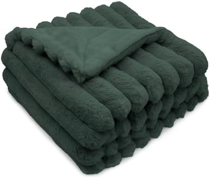 DEZ FURNISHINGS Luxury Reversible Textured Stripe Faux Fur & Velvet Throw Blanket, Throw XL (50" x 70"), Deep Forest Green