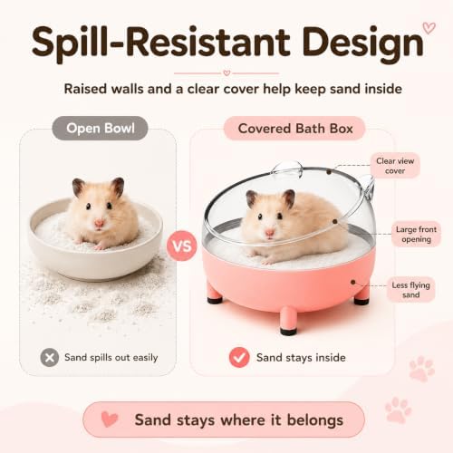 Meow&Woof Hamster Sand Bath Container, Large Sandbox Toilet Gerbil Batheoom, Tiny Chinchilla Dust Bathtub Sand Bath Box for Hamster Cage Accessories 5.2 Inch-Pink