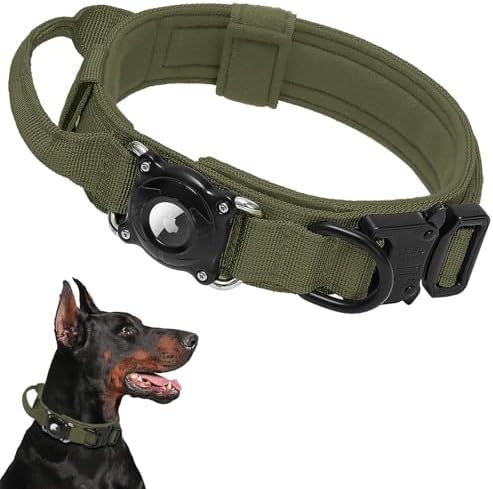 2026 Upgrade Waterproof AirTag Dog Collar, Comfortable Control Handle and Metal Buckle, Military Tactical Dog Collar with AirTag Holder, GPS Holder for Medium to Large Dogs (ArmyGreen,L)