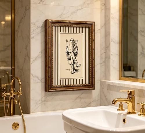 Vintage Gold Framed Cowgirl Bathroom Wall Art, Western Cowgirl Reading Newspaper on The Toilet Canvas Print, Cowboy Boots Stripe Picture Wall Decor, Rustic Farmhouse Poster Artwork for Restroom