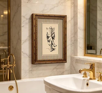 Vintage Gold Framed Cowgirl Bathroom Wall Art, Western Cowgirl Reading Newspaper on The Toilet Canvas Print, Cowboy Boots Stripe Picture Wall Decor, Rustic Farmhouse Poster Artwork for Restroom