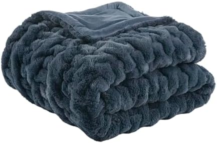 Madison Park Ruched Fur Throw Faux Fur Blanket, 50" x 60", Slate Blue