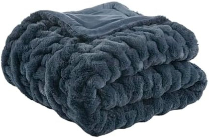 Madison Park Ruched Fur Throw Faux Fur Blanket, 50" x 60", Slate Blue