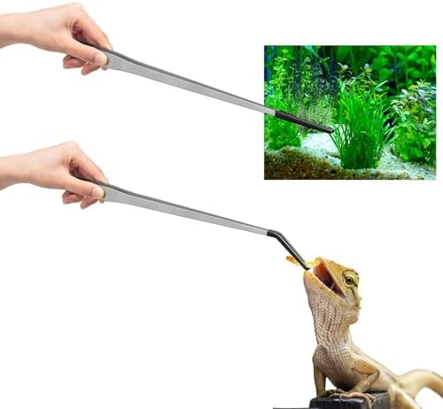 Lasnten 2 Pcs Extra Long Stainless Steel Reptile Feeding Tongs with Rubber Tip 18.5 Inch, 18.9 Inch Bearded Dragon Aquarium Straight and Curved Long Tweezer Terrarium Feeder Tool for Tank(Silver)