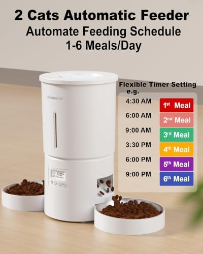 Automatic Cat Feeder 2 Cats, 4.2L Dry Food Auto Dispenser with Double Bowls,Dual Power Supply,Programmable Portion Control,10s Voice Recorde (White)