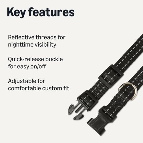 Amazon Basics Reflective Polyester Dog Collar, Adjustable Length 11.2"-16.9", 0.9" W, Quick-Release Buckle for Easy On/Off, Small, Black