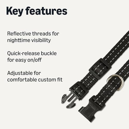 Amazon Basics Reflective Polyester Dog Collar, Adjustable Length 11.2"-16.9", 0.9" W, Quick-Release Buckle for Easy On/Off, Small, Black