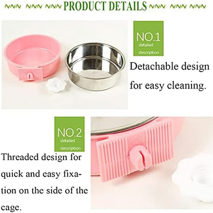 kathson Crate Dog Bowl, Removable Stainless Steel Hanging Pet Cage Bowl Food & Water Feeder Coop Cup for Cat, Puppy, Birds, Rats, Guinea Pigs 4pcs(2×Blue,1×Pink,1×Green)