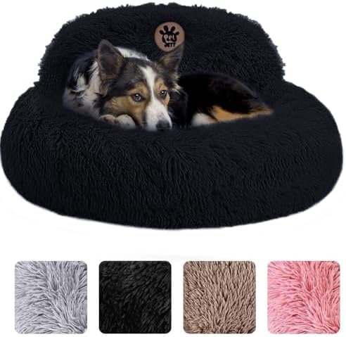 PetJett Calming Dog Bed Medium Size Dog - 30'' Donut Bed, Anti-Slip & Washable Super Soft Fluffy Plush Round Bed, Anti-Anxiety Premium Comfort Pet Bed, Fits Dogs up to 45 lbs - Black