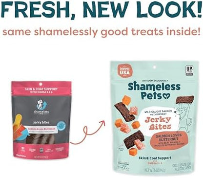 Shameless Pets Jerky Dog Treats, Salmon Loves Butternut - Healthy Dog Chews for Dogs Skin & Coat with Omega 3 & 6 - with Real Wild-Caught Salmon - Free from Grain, Corn & Soy - 1-Pack