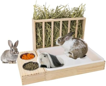 BESNEW 3 in 1 Rabbit Hay Feeder with Litter Box,Wooden Hay Feeder with 2 Bowls & Litter Box for Guinea Pig Chinchilla Bunny Other Small Animals,Large Capacity & Preventing Waste