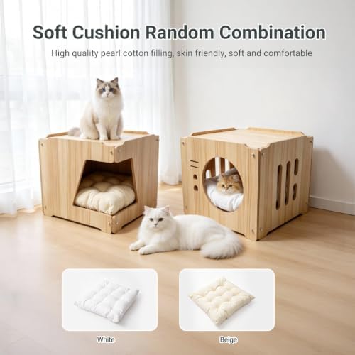 Large 2double-Deck Cat Fort with Mat for Pet Cat Cave for Indoor Cats Cat House for Multi Pet Large Kitten Kitty Cat Bed Wooden Style 15 * 15 * 30 inches(cat shlter 2layer with mat White)