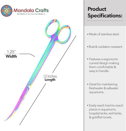 Mandala Crafts Rainbow 12 Inches Curved Aquarium Scissors for Fish Tanks