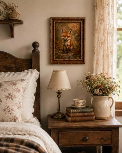 Framed Vintage Style Wall Art Cute Fox in a Rustic Forest Setting Canvas Print Poster Farmhouse style artwork suitable for bedroom or living room 12x16 inches ready to hang or display on a tabletop