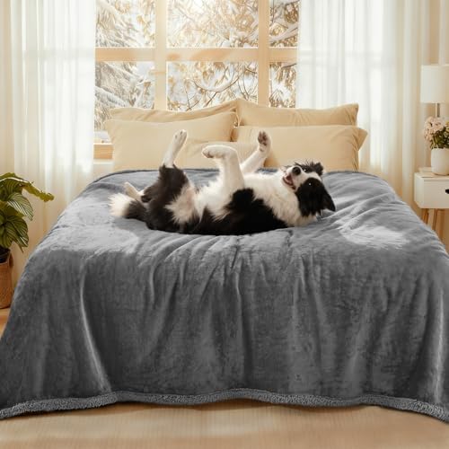 Luciphia Waterproof Bed Blanket Washable, Soft Sherpa Fleece Puppy Reversible Throw Blankets for Medium Large Dog Cat, Furniture Cover Protector Couch from Liquid Pee and Pet Fur, Light Grey,85" x 57"