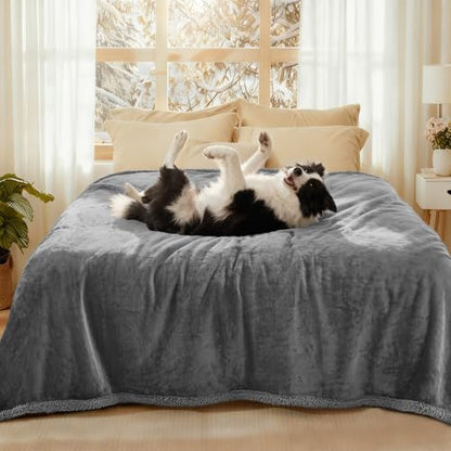 Luciphia Waterproof Bed Blanket Washable, Soft Sherpa Fleece Puppy Reversible Throw Blankets for Medium Large Dog Cat, Furniture Cover Protector Couch from Liquid Pee and Pet Fur, Light Grey,85" x 57"